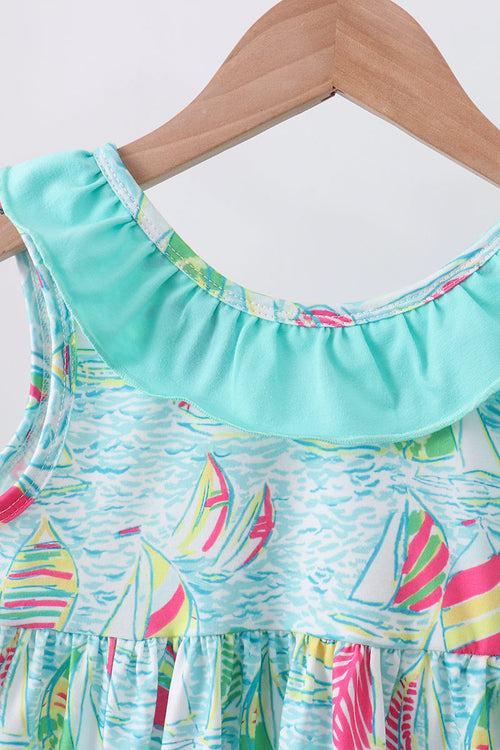 Blue sailboat print ruffle shorts set