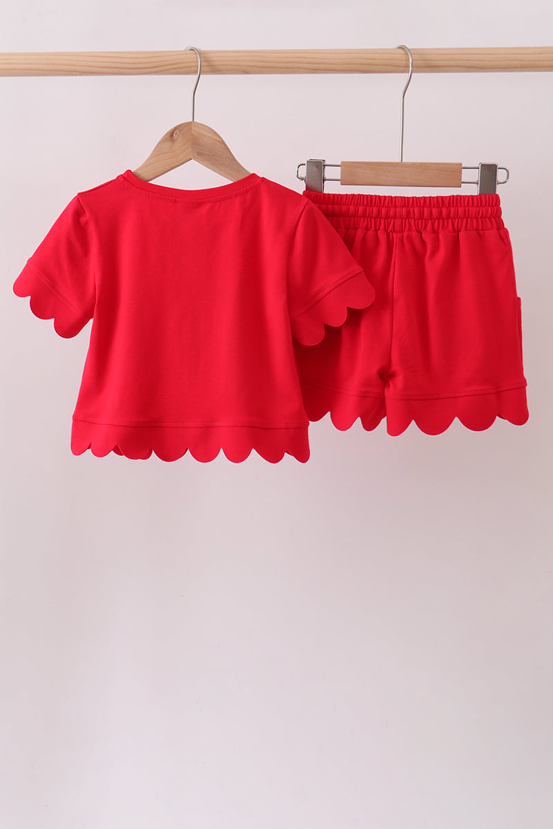 Red scalloped shorts set