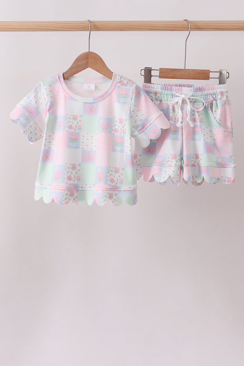 Pink patchwork scalloped shorts set