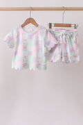 Pink patchwork scalloped shorts set
