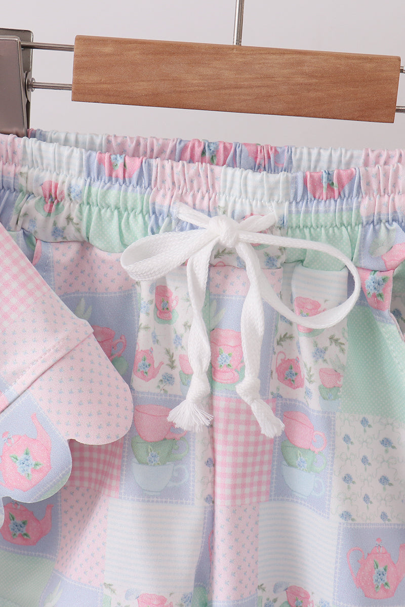Pink patchwork scalloped shorts set
