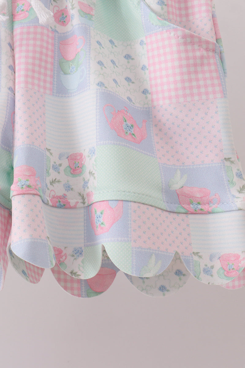 Pink patchwork scalloped shorts set