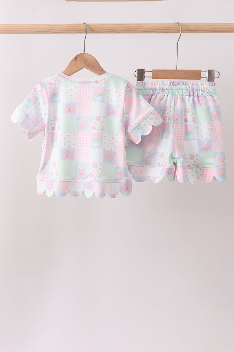 Pink patchwork scalloped shorts set