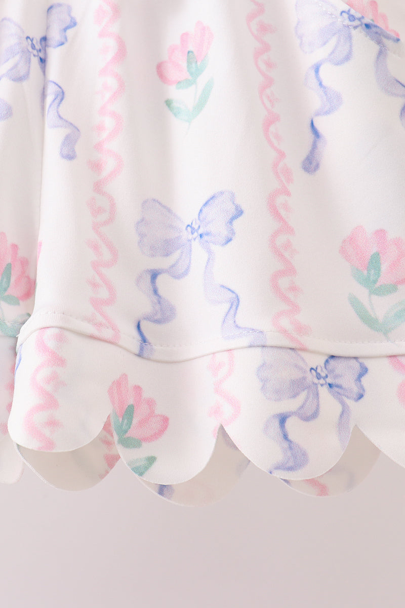 Floral bow print scalloped shorts set