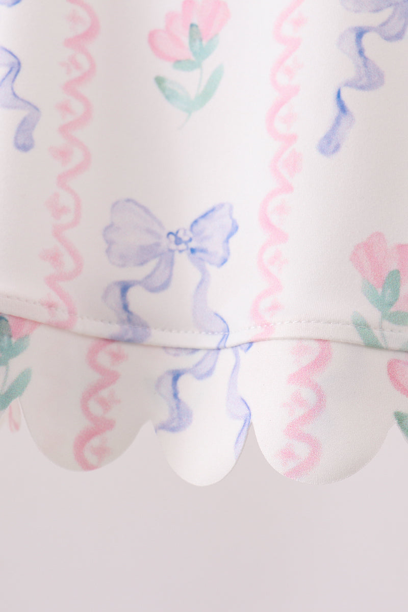 Floral bow print scalloped shorts set
