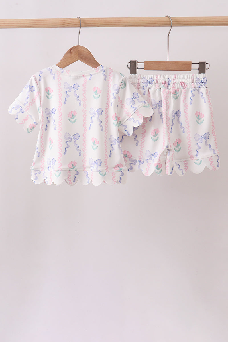 Floral bow print scalloped shorts set