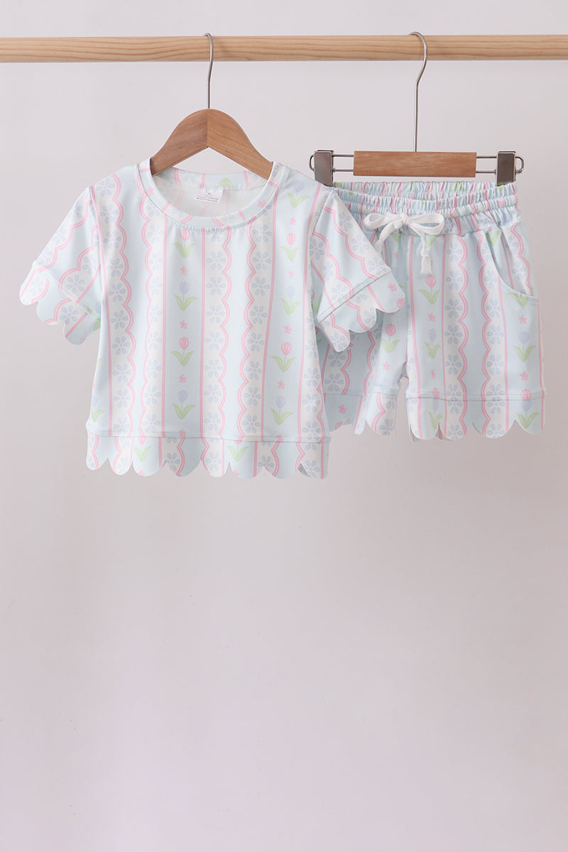 Mint floral print scalloped shorts set