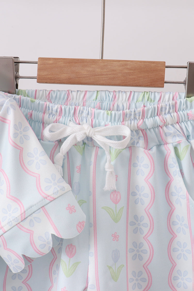Mint floral print scalloped shorts set