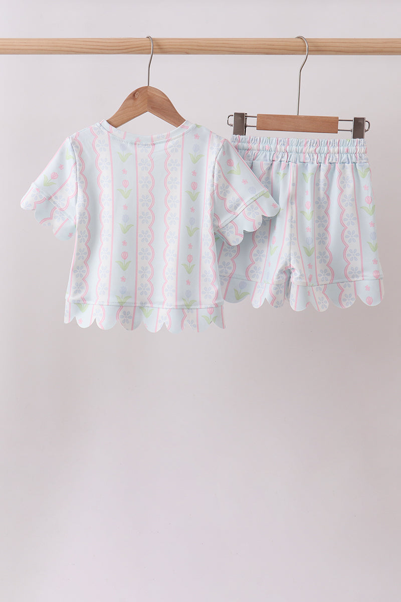 Mint floral print scalloped shorts set