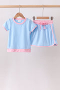 Blue pink color blocked active skorts set