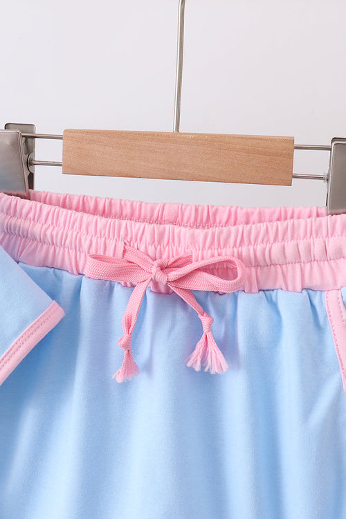 Blue pink color blocked active skorts set