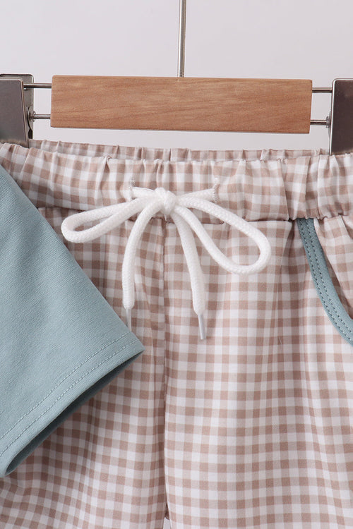 Blue gray Puppy embroidery shorts set