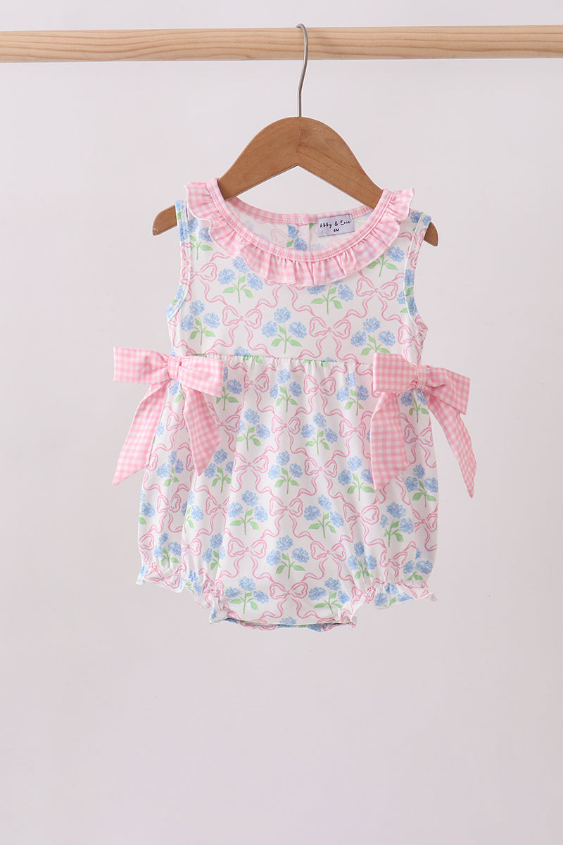 Pink hydrangea bow print ruffle bubble