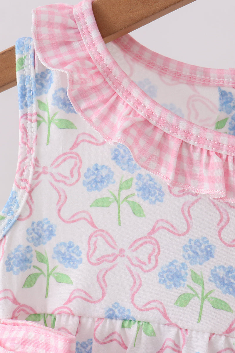 Pink hydrangea bow print ruffle bubble