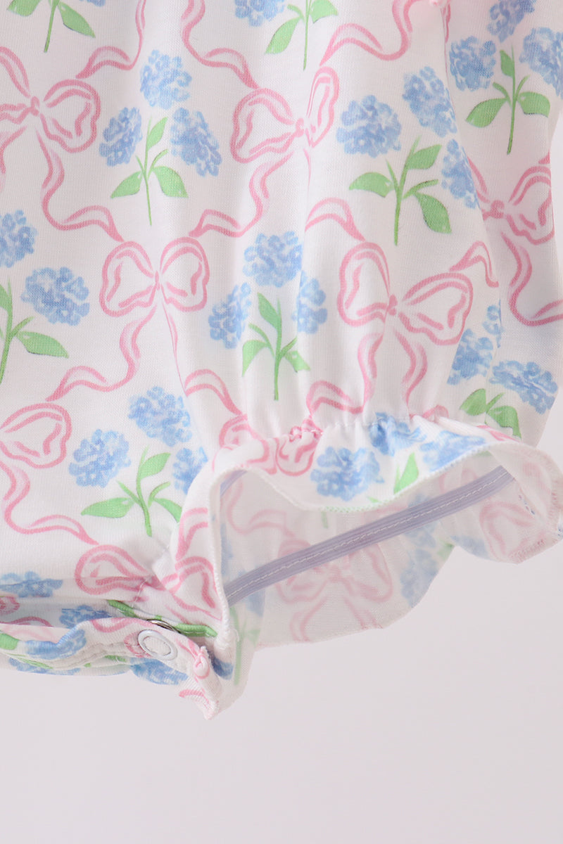 Pink hydrangea bow print ruffle bubble