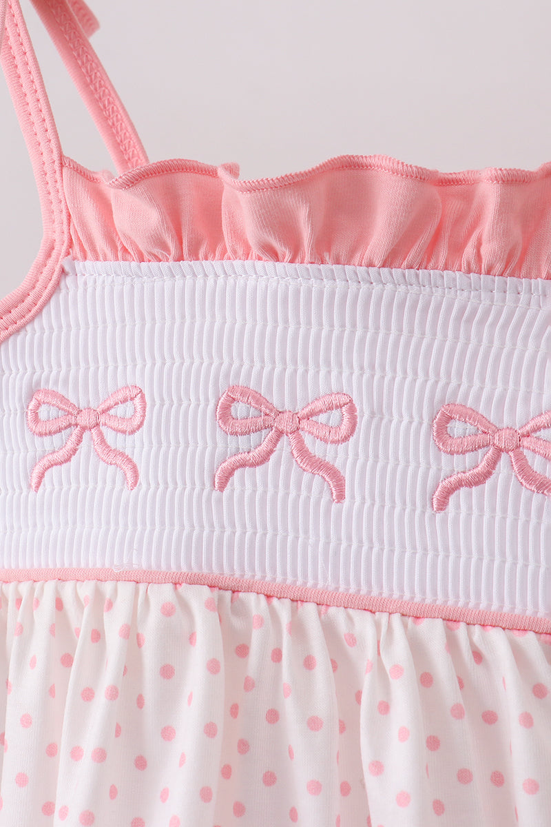 Pink bow smocked dot ruffle bloomer set