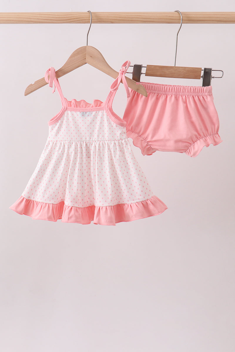 Pink bow smocked dot ruffle bloomer set