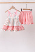 Pink polka dot rose bow ruffle shorts set