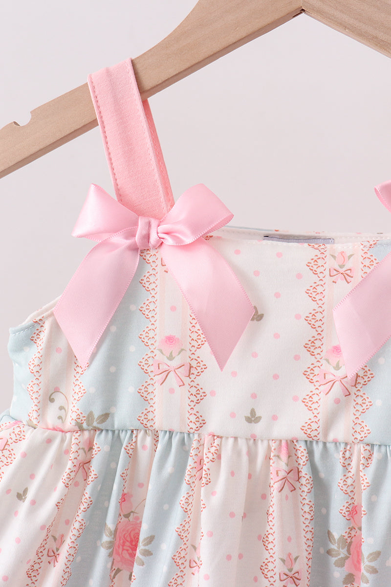 Pink polka dot rose bow ruffle shorts set