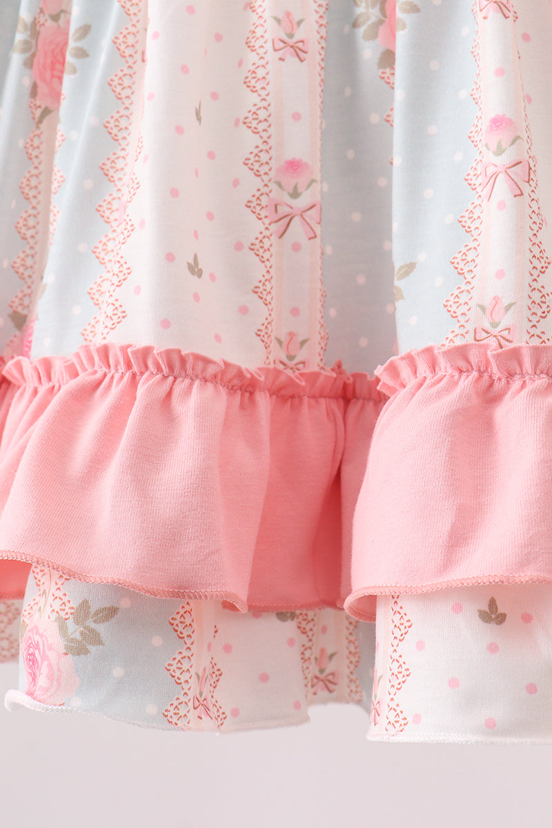 Pink polka dot rose bow ruffle shorts set