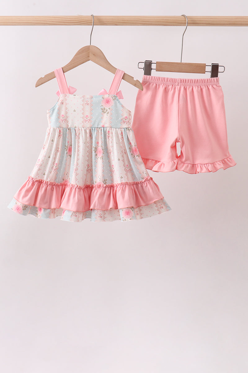 Pink polka dot rose bow ruffle shorts set