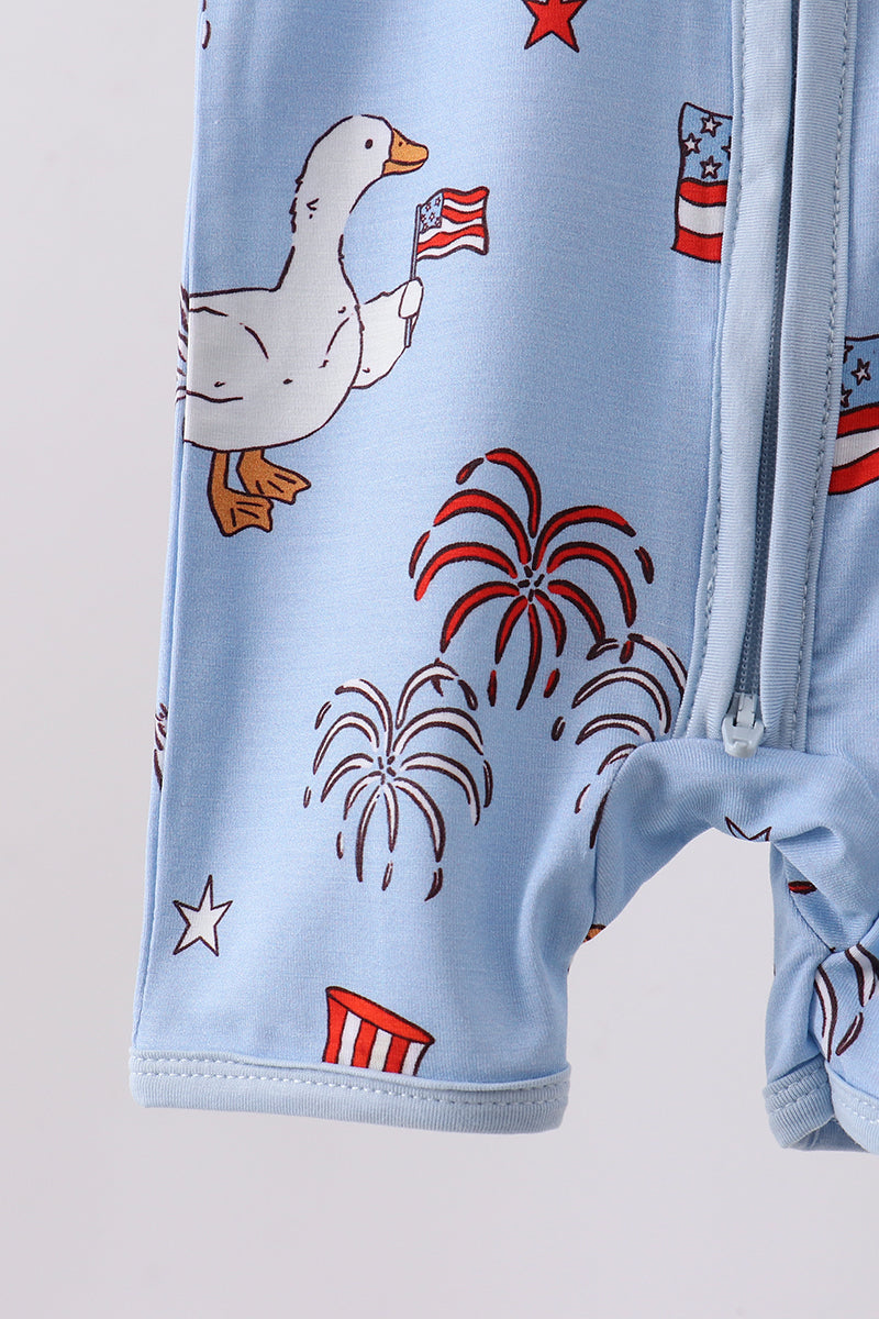 Blue goose flag print bamboo romper