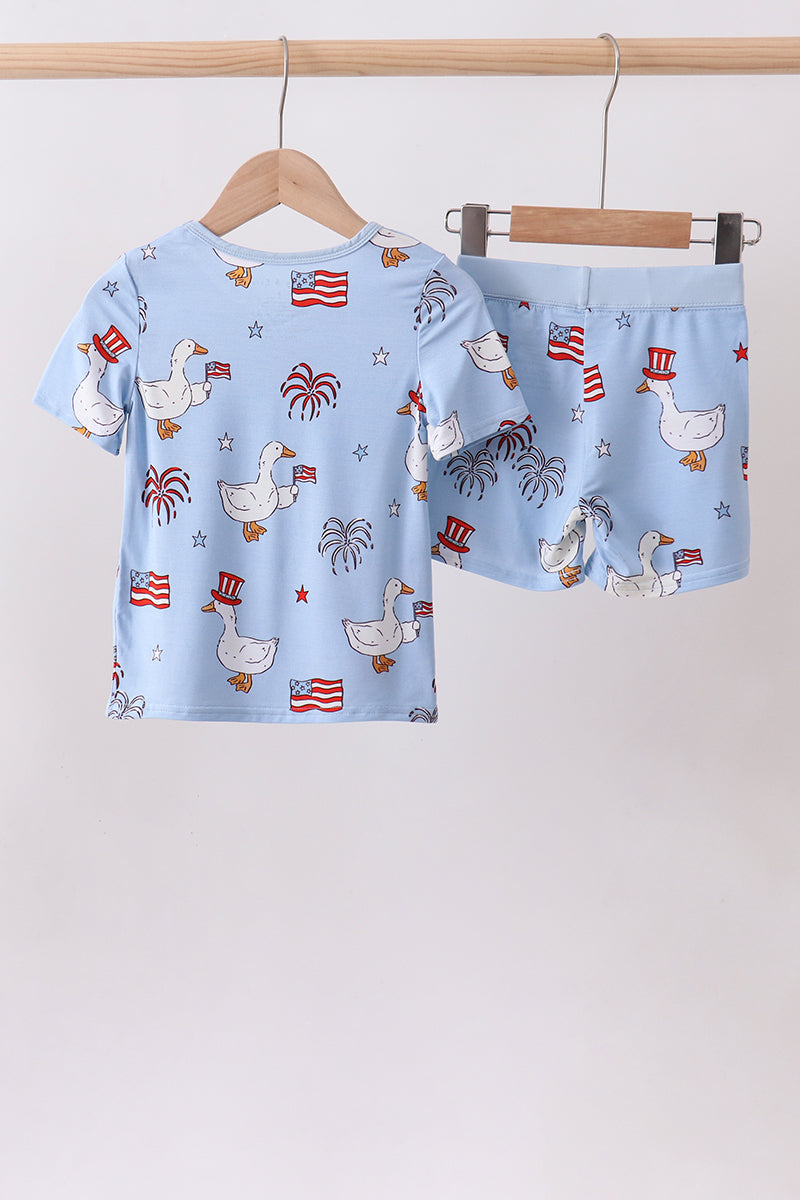 Blue goose flag print bamboo pajama set