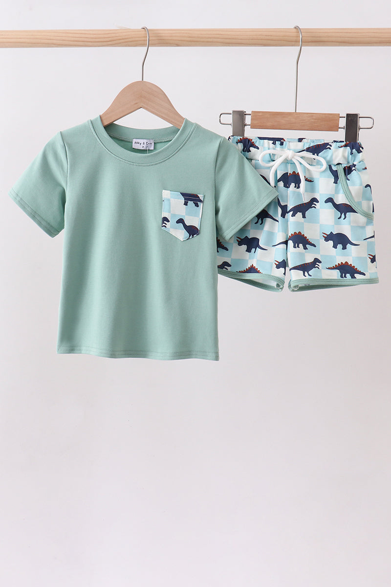 Green dinosaur pocket shorts set