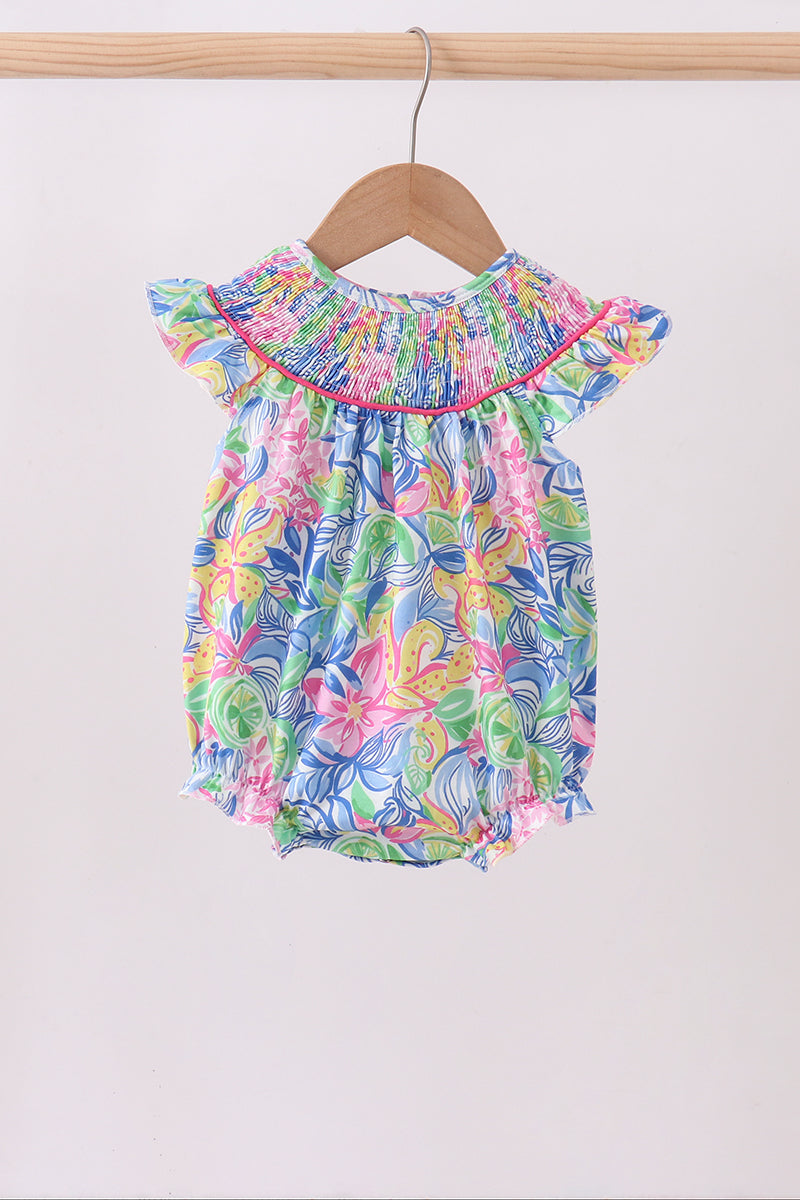 Tropical floral smocked ruffle bubble
