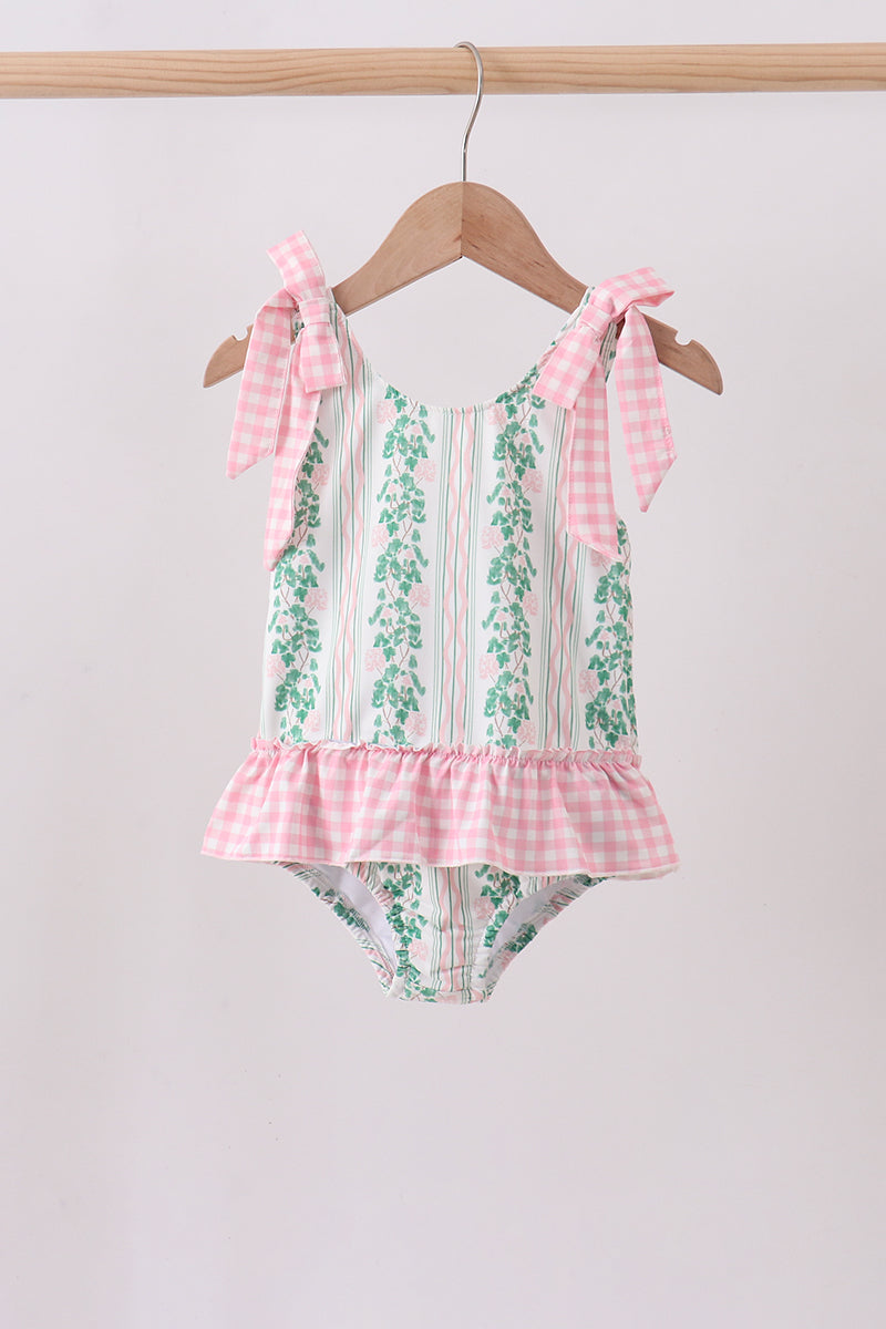 Green floral stripe ruffle swimsuit