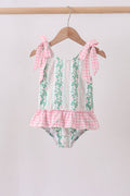 Green floral stripe ruffle swimsuit