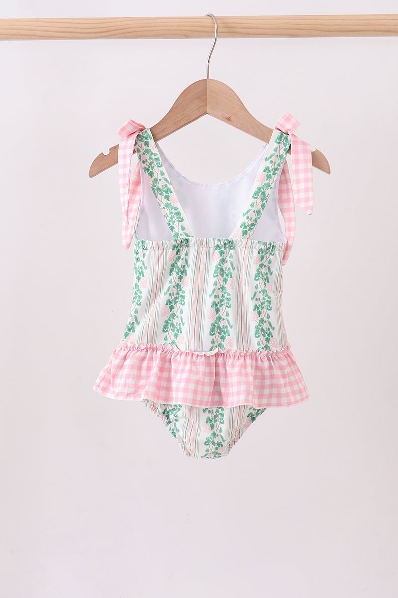 Green floral stripe ruffle swimsuit