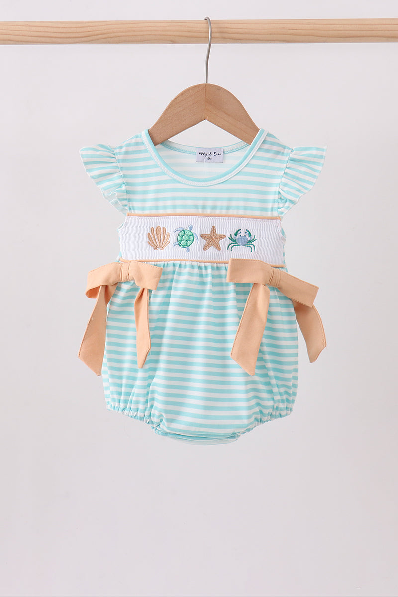 Mint marine creature smocked stripe ruffle bubble