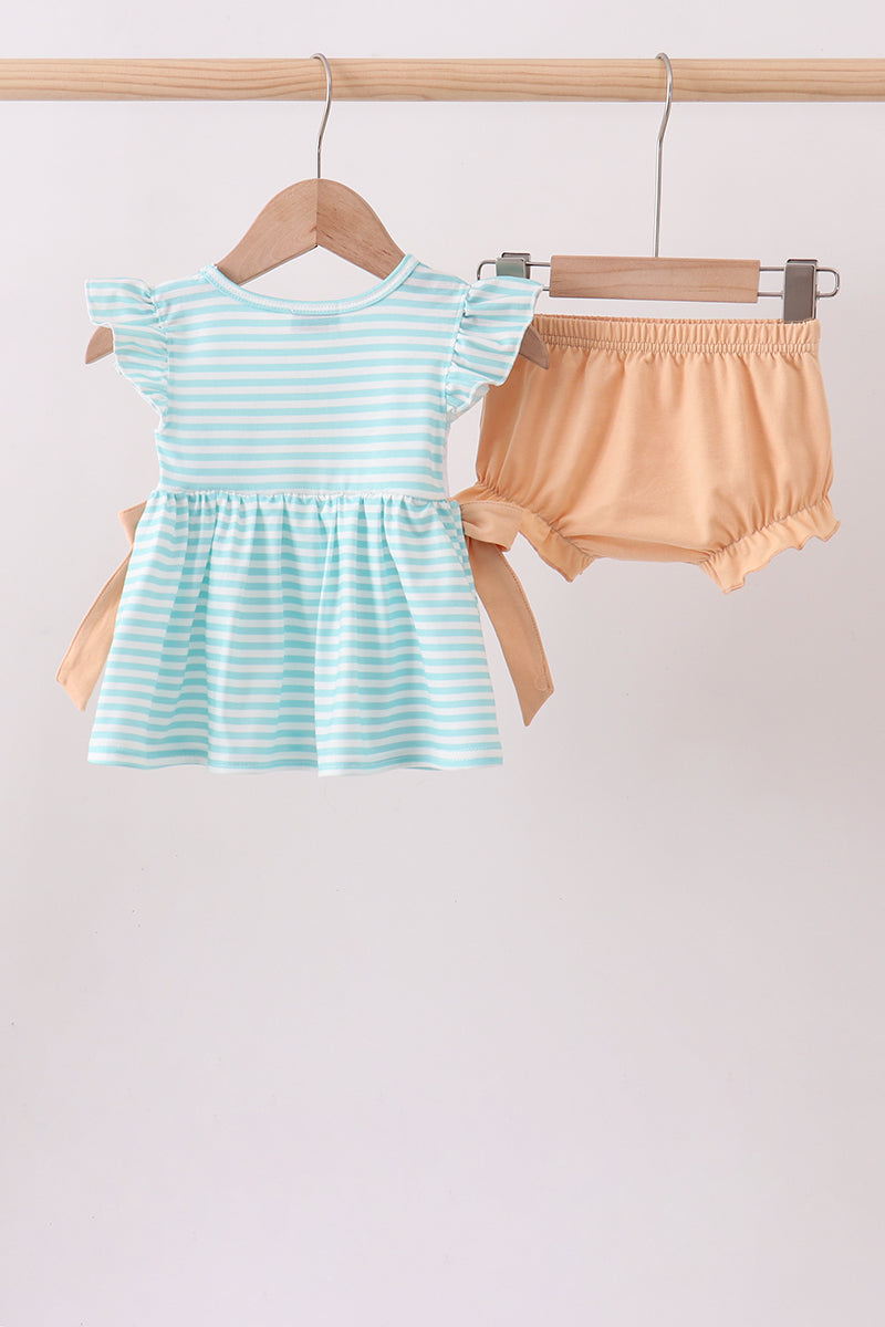 Mint marine creature smocked stripe bloomer set