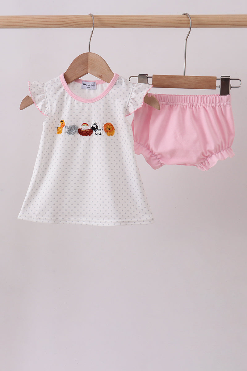 Pink Noah's Ark french knot ruffle bloomer set