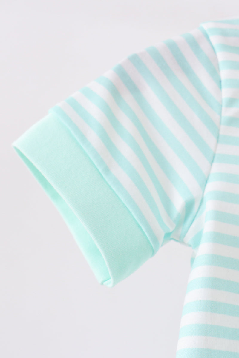 Green stripe Noah's Ark french knot romper