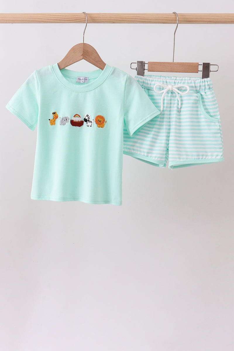 Green Noah's Ark french knot shorts set