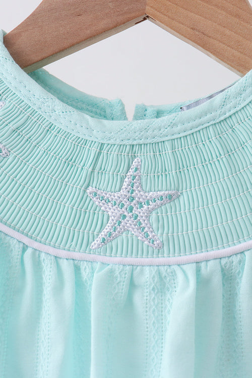 Blue starfish smocked jacquard ruffle bubble