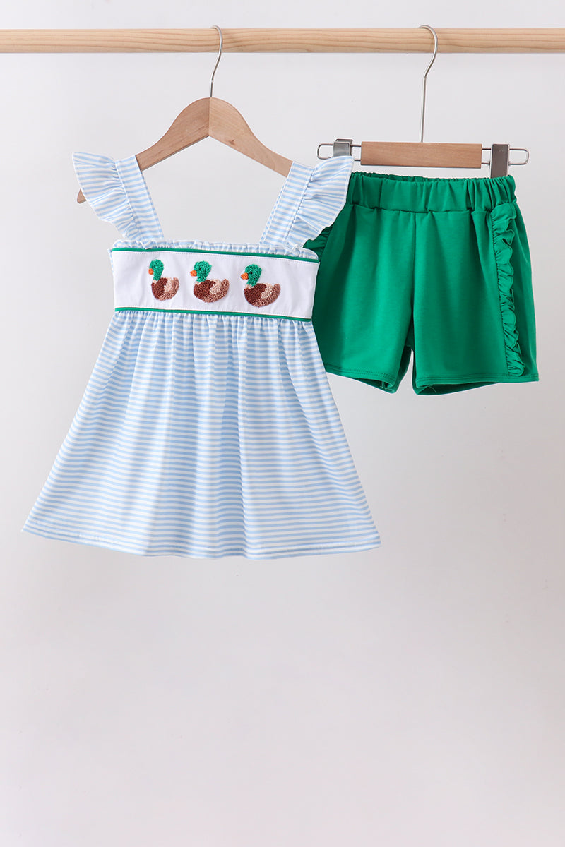 Blue stripe duck french knot ruffle shorts set