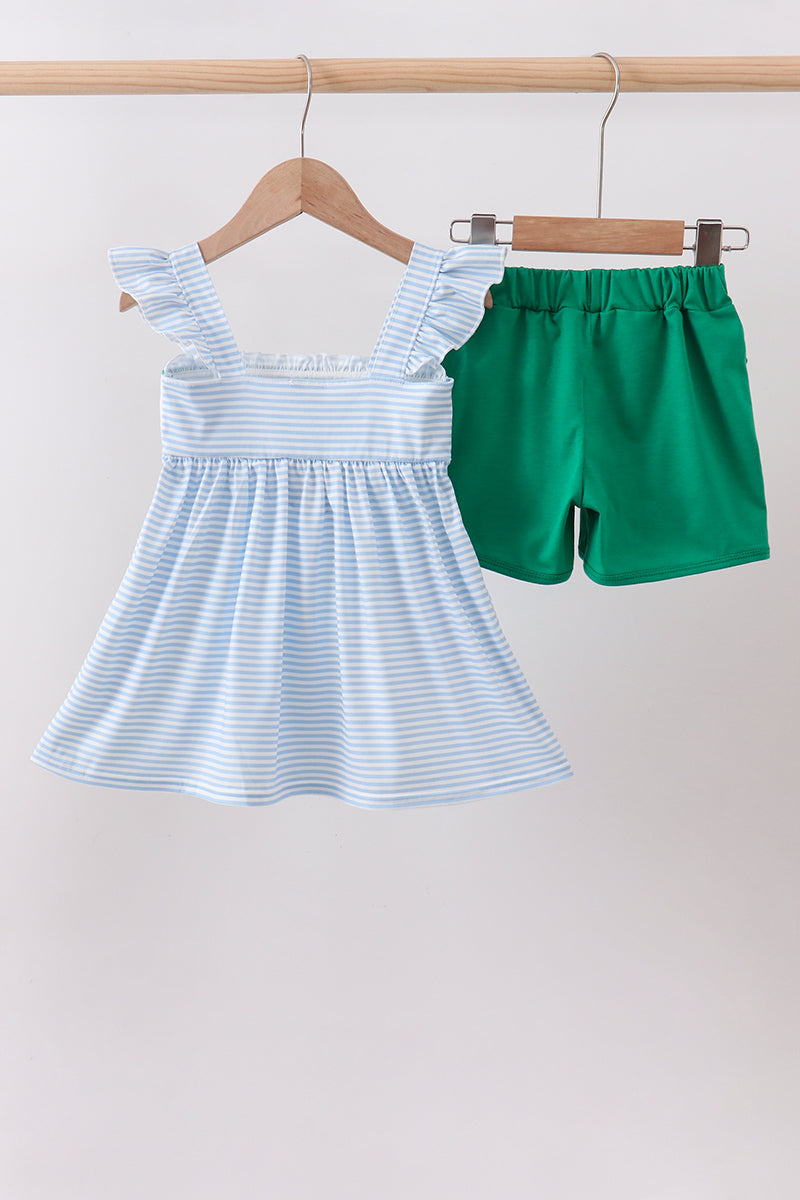 Blue stripe duck french knot ruffle shorts set