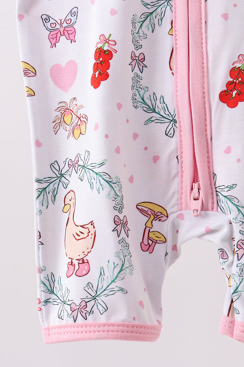 Pink goose strawberry bow bamboo romper