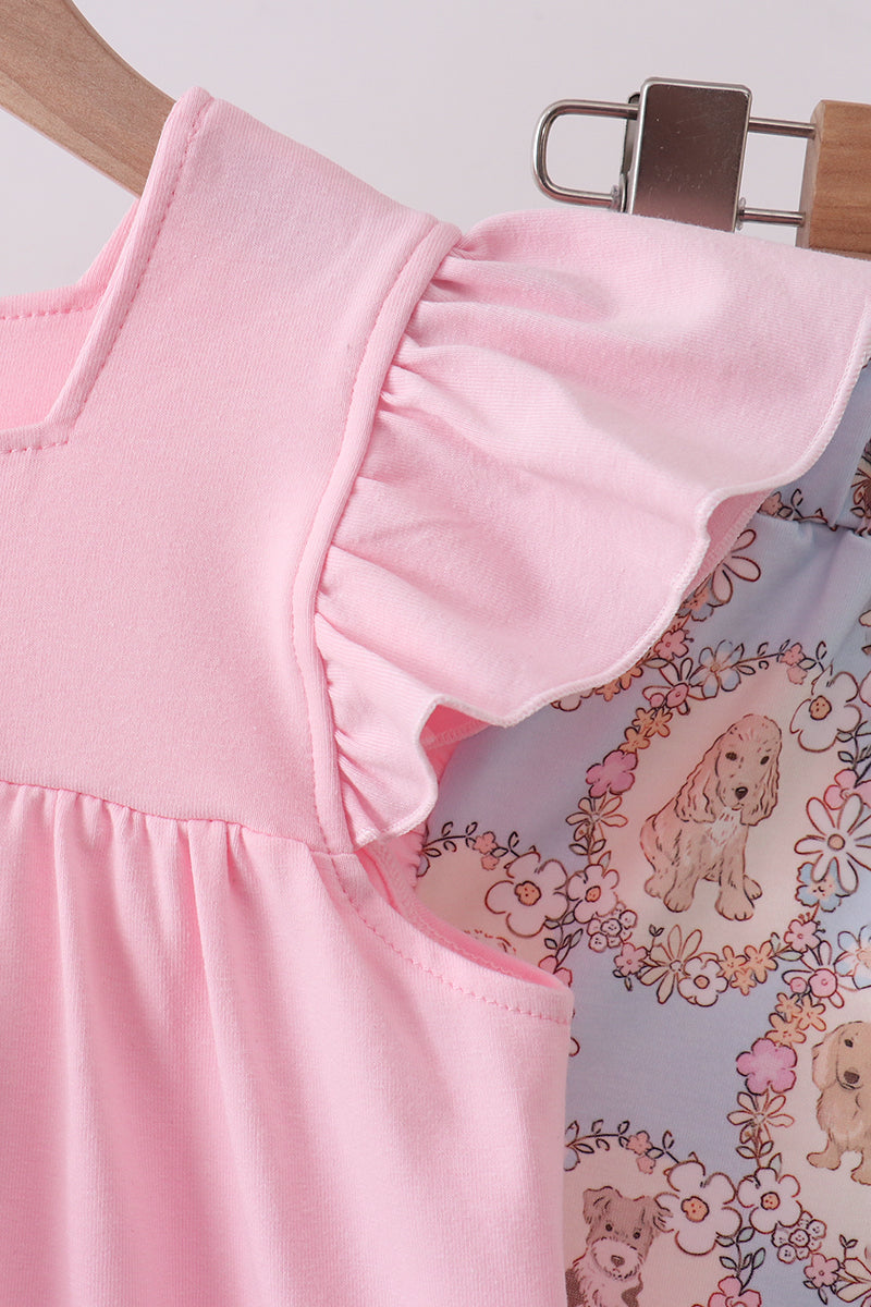 Pink puppy floral print ruffle shorts set