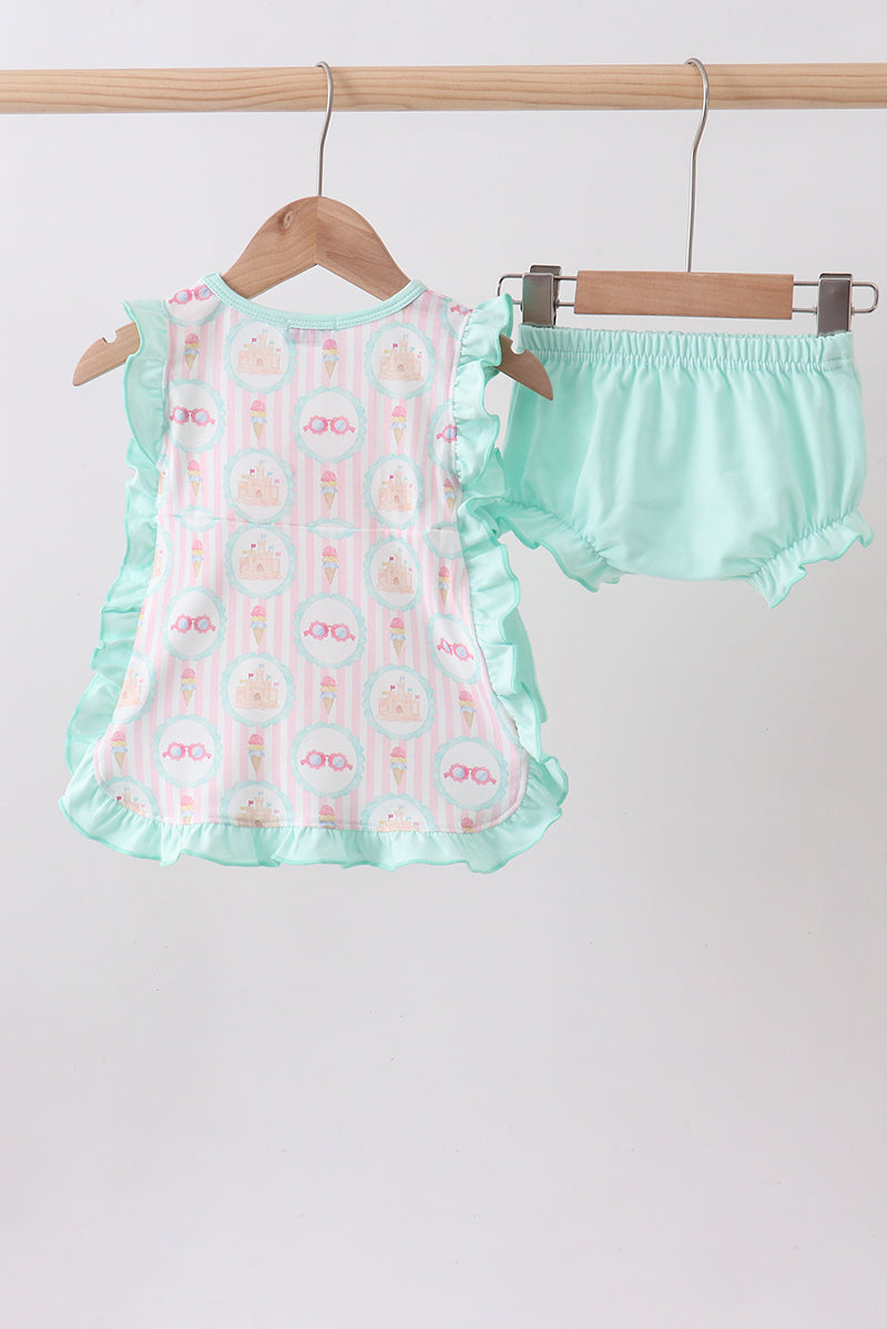 Green castle ice cream print ruffle bloomer set